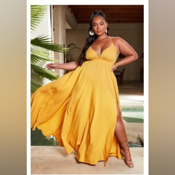 Fashion Nova Golden Mustard Yellow flowing Maxi Dress Nwt Size XL - Picture 2 of 16